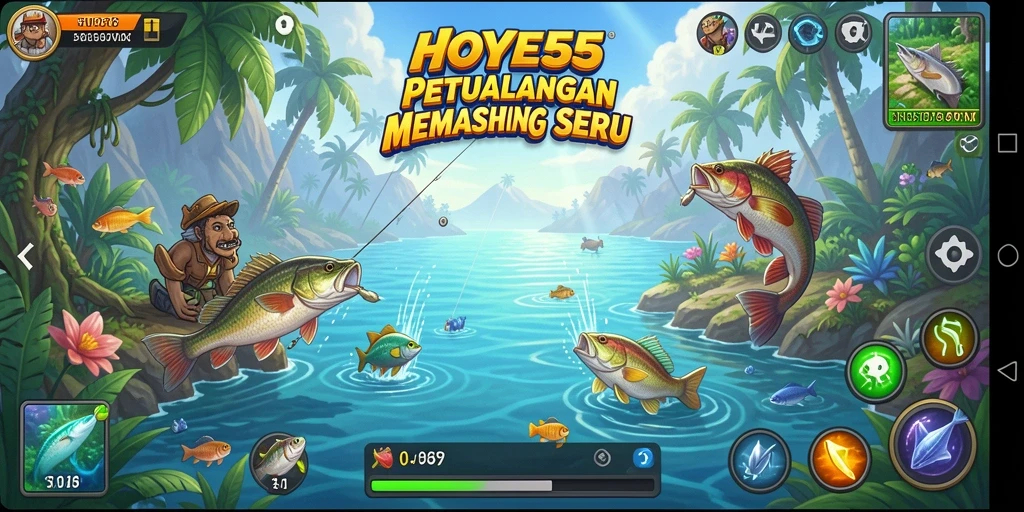 Screenshot gameplay HOYE55 menampilkan aksi memancing yang memikat.