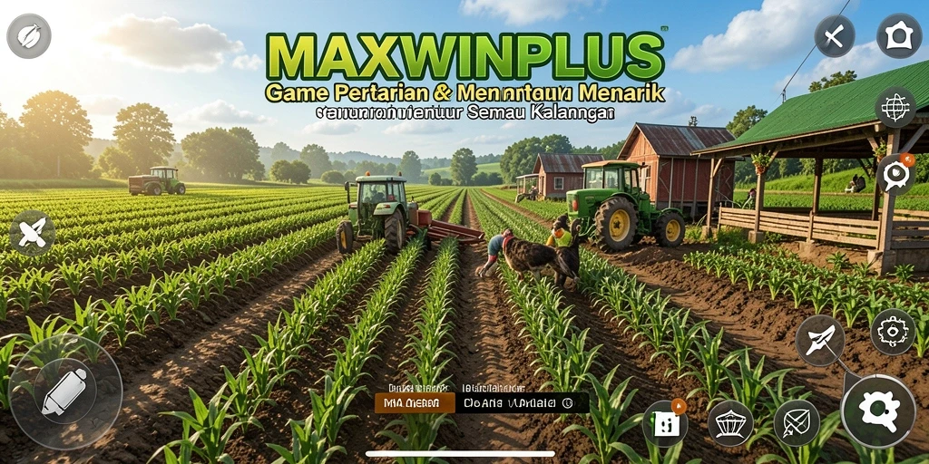 Tampilan screenshot gameplay MAXWINPLUS dengan ladang yang subur dan penuh tanaman.